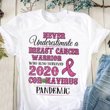 Load image into Gallery viewer, Never Underestimate A Breast Cancer Warrior Who Also Survived 2020 T-Shirt