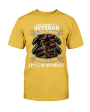 Load image into Gallery viewer, I'm A Grumpy Old Veteran My Level Of Sarcasm Depends On Your Level Of Stupidity T-Shirt
