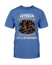 Load image into Gallery viewer, I'm A Grumpy Old Veteran My Level Of Sarcasm Depends On Your Level Of Stupidity T-Shirt