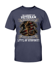 Load image into Gallery viewer, I'm A Grumpy Old Veteran My Level Of Sarcasm Depends On Your Level Of Stupidity T-Shirt