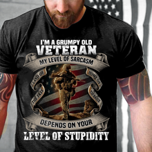 Load image into Gallery viewer, I'm A Grumpy Old Veteran My Level Of Sarcasm Depends On Your Level Of Stupidity T-Shirt
