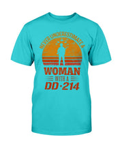 Load image into Gallery viewer, Female Veteran Never Underestimate A Woman With A DD-214 T-Shirt
