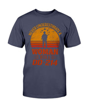 Load image into Gallery viewer, Female Veteran Never Underestimate A Woman With A DD-214 T-Shirt

