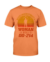 Load image into Gallery viewer, Female Veteran Never Underestimate A Woman With A DD-214 T-Shirt
